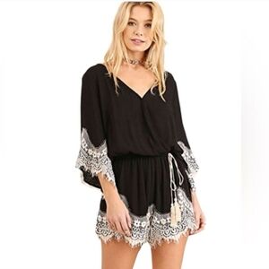 Umgee Black Romper with Off White Lace Trim